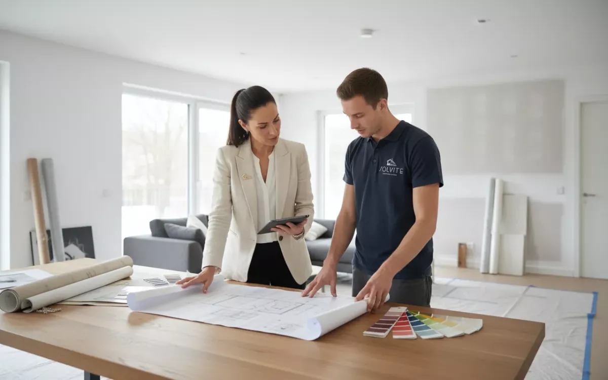 Projet d’aménagement intérieur réalisé par Solvite en Valais Professionnels discutant d’un projet d’aménagement intérieur à Sion, Valais